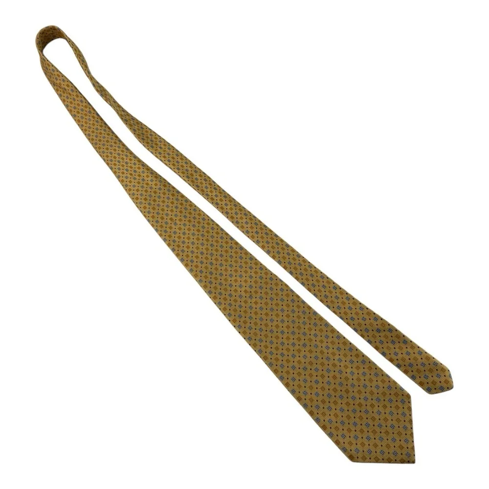 Brooks Brothers Silk Tie Yellow‎ Blue Square Design 3.5